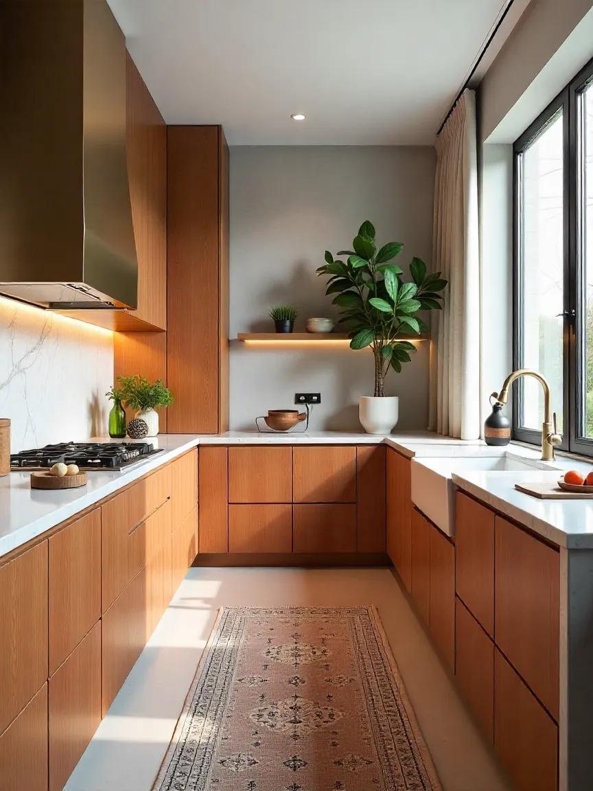 Modern kitchen featuring layered textures with wood cabinets, marble countertops, stone backsplash, and metal accents for depth and character.