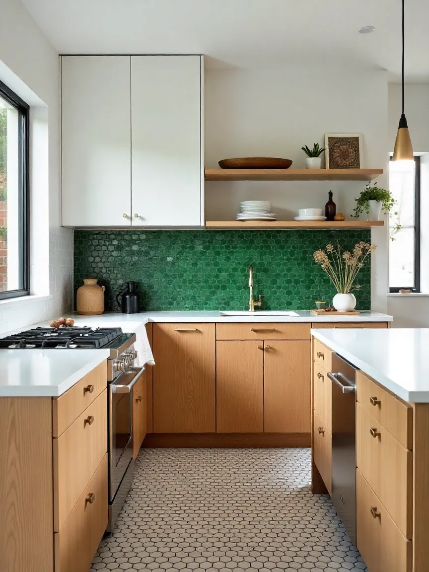 Kitchen with mixed tile styles including white subway, green hexagon, and patterned encaustic backsplash.