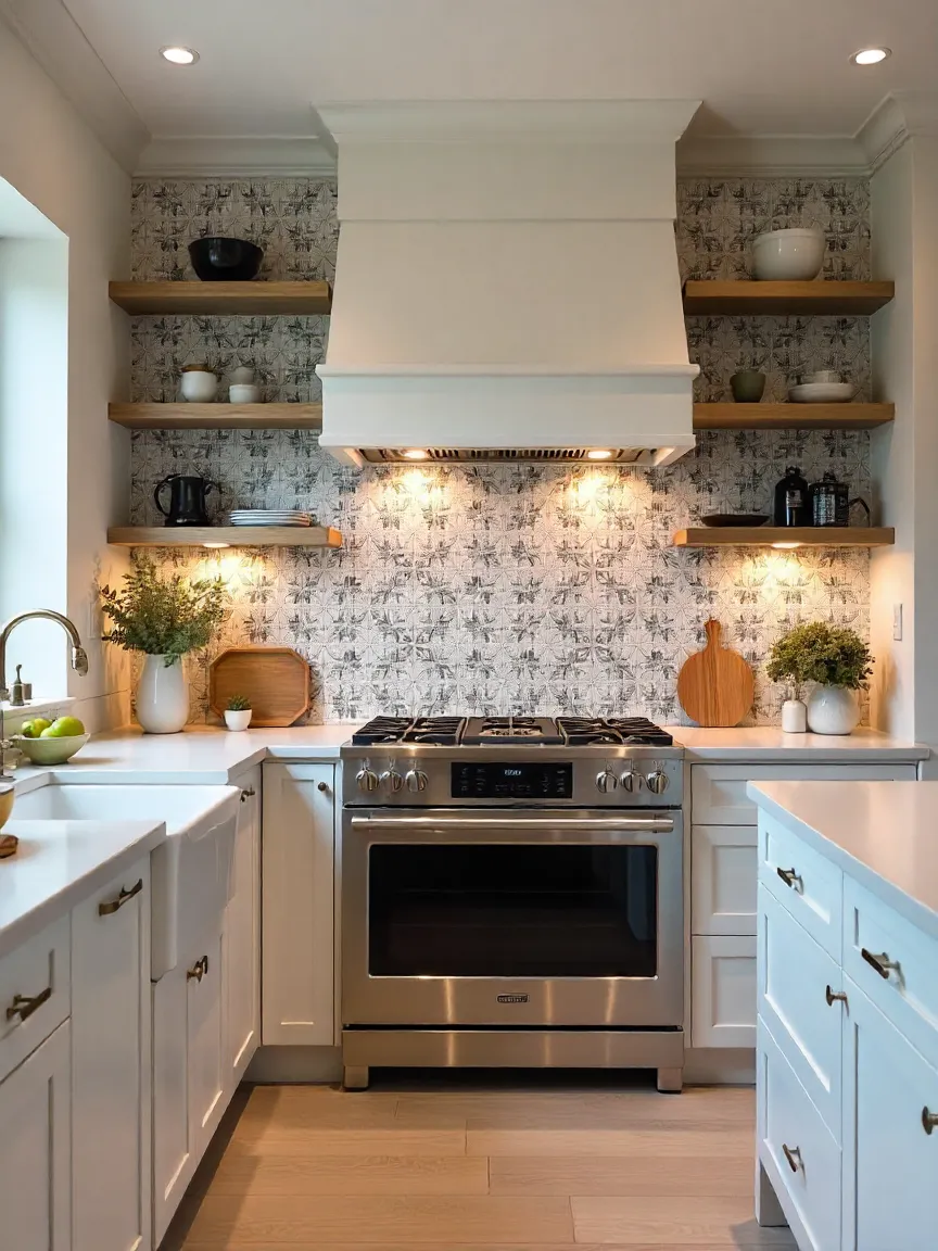 Kitchen with bold patterned encaustic tile feature wall extending from countertop to ceiling.