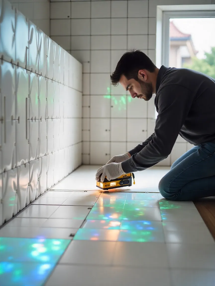 Kitchen tile installation with laser level, spacers, and grout cleaning for long-term maintenance.