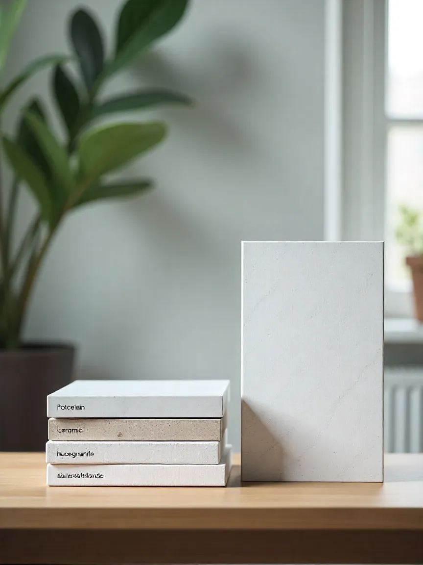 Display of porcelain, ceramic, and natural stone tiles for kitchen design, showing textures and finishes.