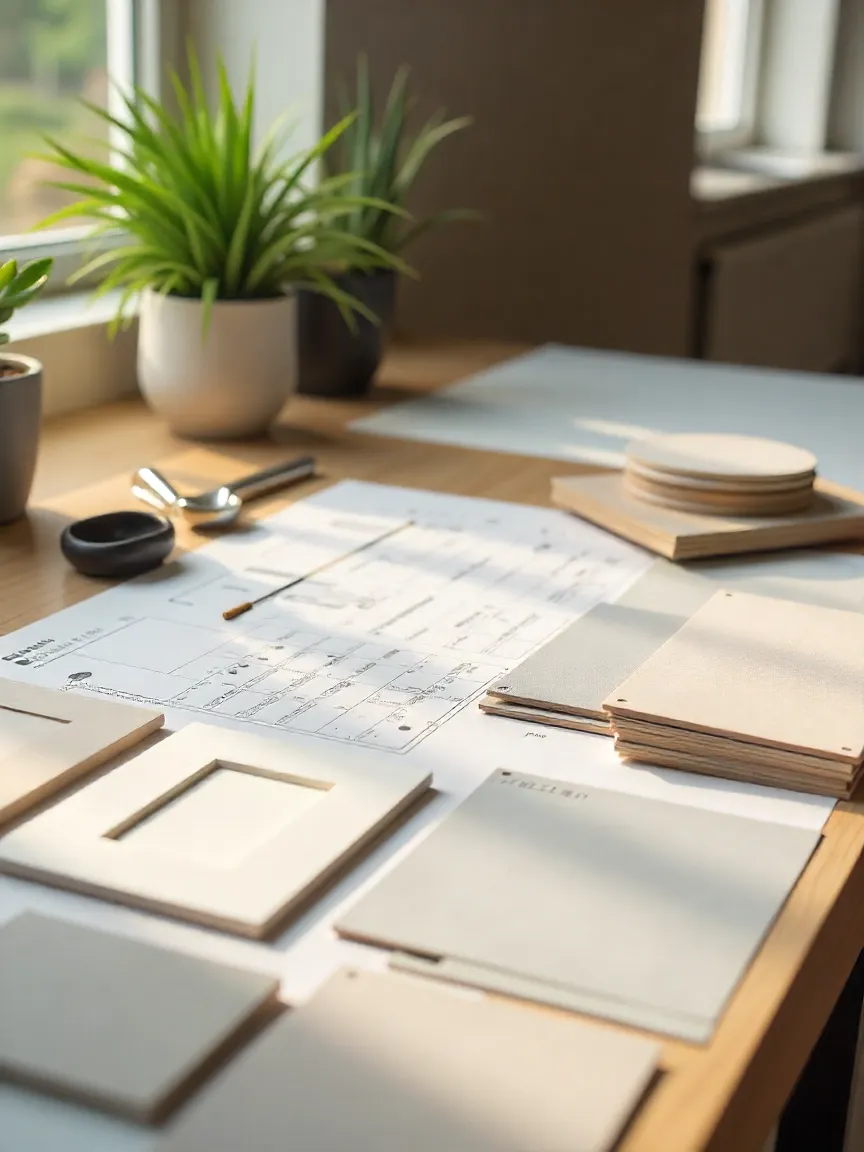 Kitchen design workspace with tile samples, paint swatches, and cabinet door samples for selecting kitchen tiles.