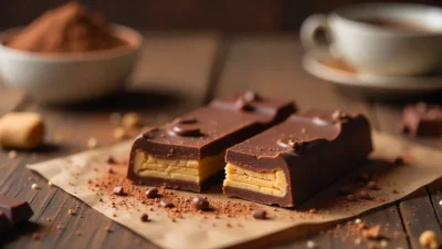 Homemade chocolate wafer bar broken to show layers, surrounded by chocolate and wafer crumbs on a wooden table.