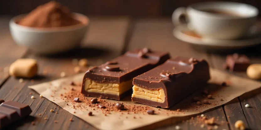 Homemade chocolate wafer bar broken to show layers, surrounded by chocolate and wafer crumbs on a wooden table.