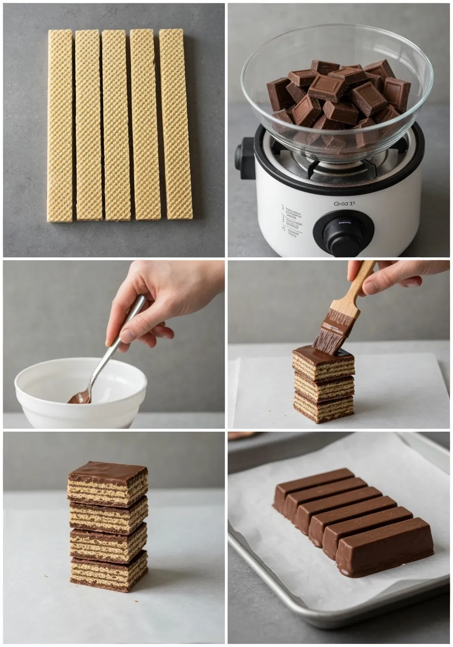 Step-by-step process of making homemade chocolate wafer bars with wafers, melted chocolate, stacking, coating, and chilling.