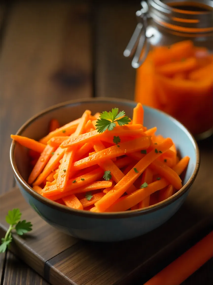 A vibrant bowl of Korean-style pickled carrots, julienned and seasoned with garlic, vinegar, and sesame oil, ready to elevate the homemade hot dog with a tangy crunch.