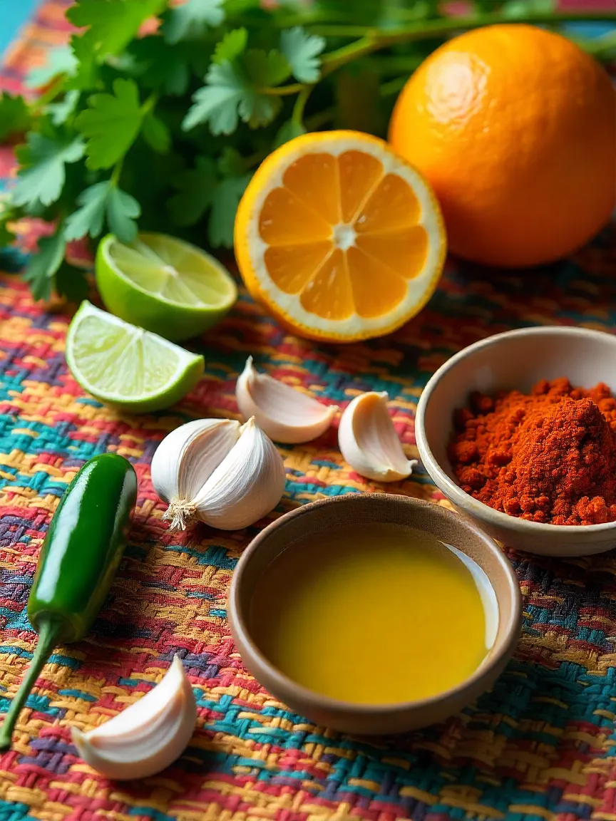 Latin American and Caribbean marinade ingredients including lime, orange, garlic, cilantro, cumin, paprika, and jalapeños.