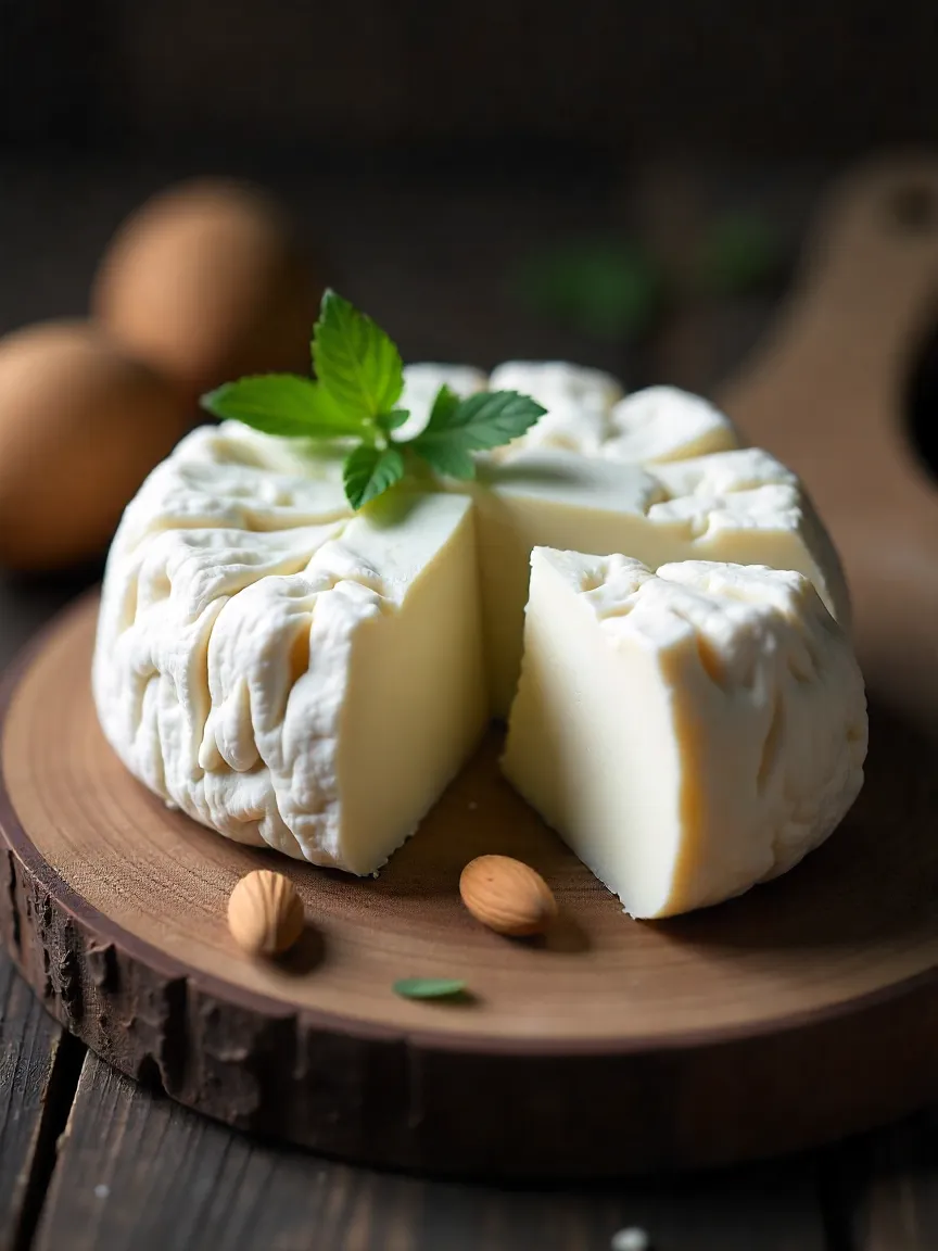 Le Chevrot goat cheese with wrinkled rind and creamy interior on a rustic wooden board with herbs and almonds.