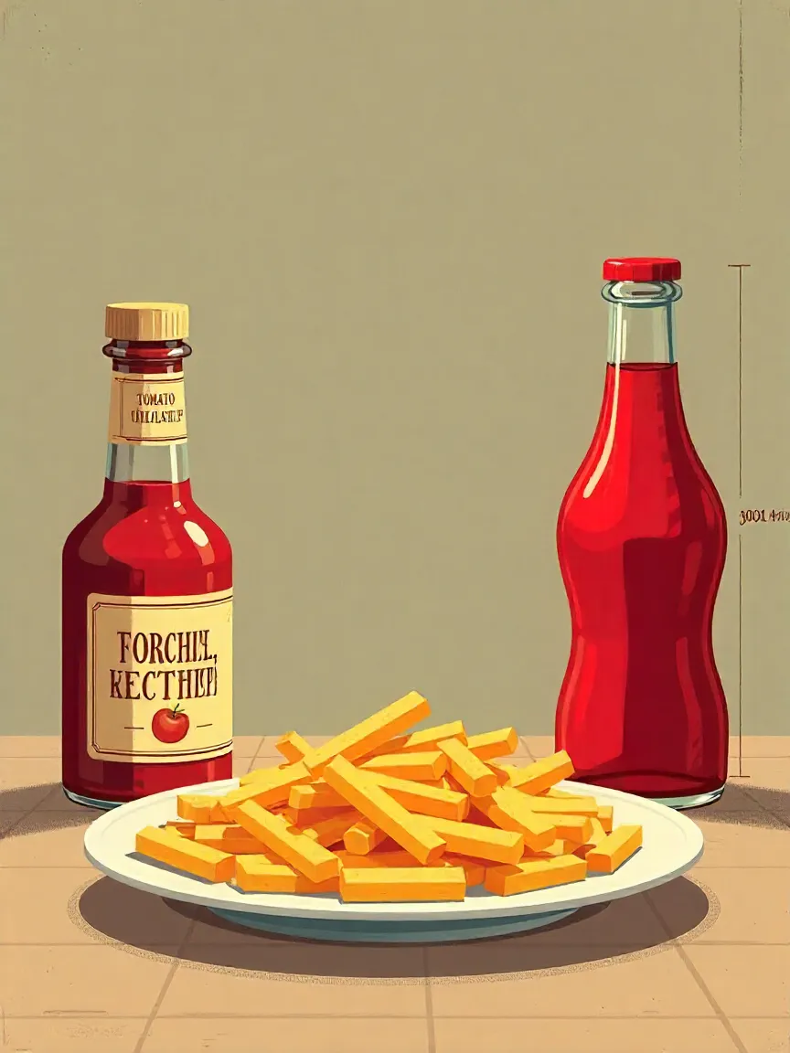 Timeline showing ketchup’s evolution from 1830s medicinal tomato pills to a modern condiment served with fries.
