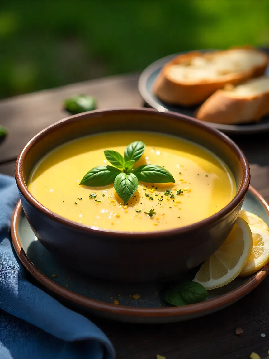 Creamy lemon-basil crab chowder in a bowl, topped with fresh basil and lemon zest, served with crusty bread.