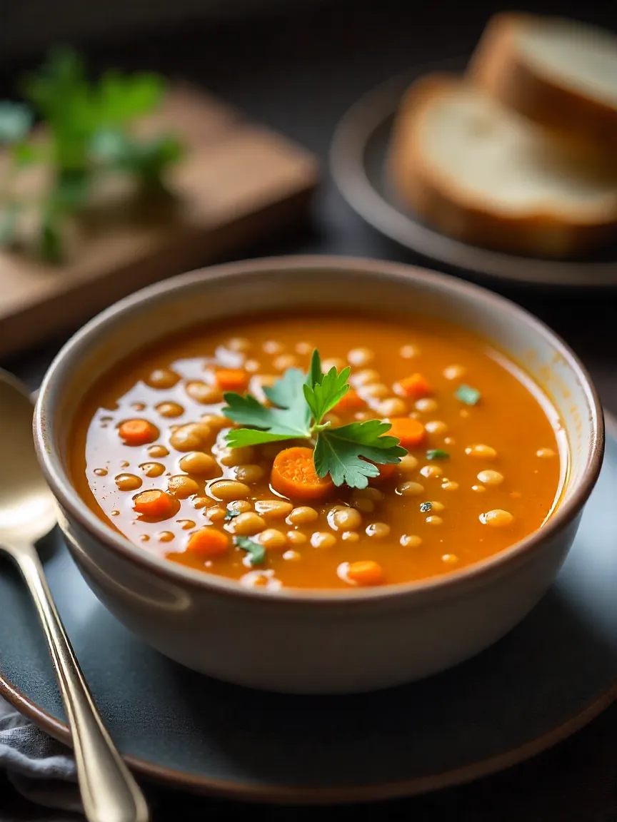 Hearty lentil and carrot soup in a bowl, topped with fresh herbs, served warm with rustic bread in an autumn-inspired setting.