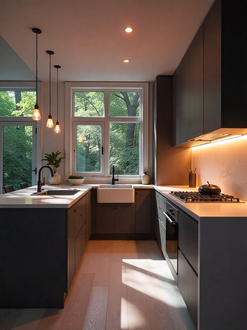 A modern kitchen with layered lighting, including task lighting under cabinets, ambient ceiling lights, and accent lighting, creating a functional yet cozy ambiance.