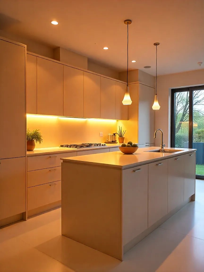 Modern kitchen with under-cabinet lighting, pendant island lights, and recessed ceiling lights.