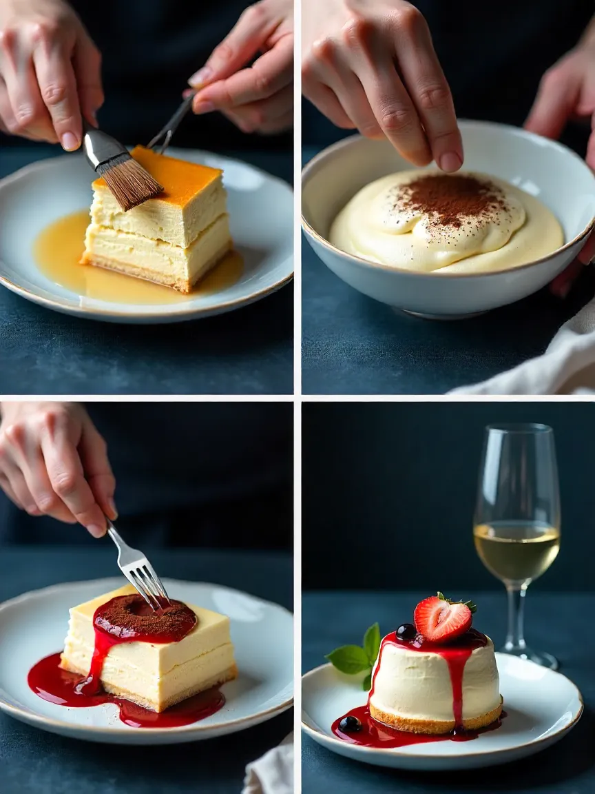 Collage showing Charlotte cake tips: brushing ladyfingers with syrup, adjusting mousse texture, balancing sweetness with cocoa, and serving with coulis and sparkling wine.