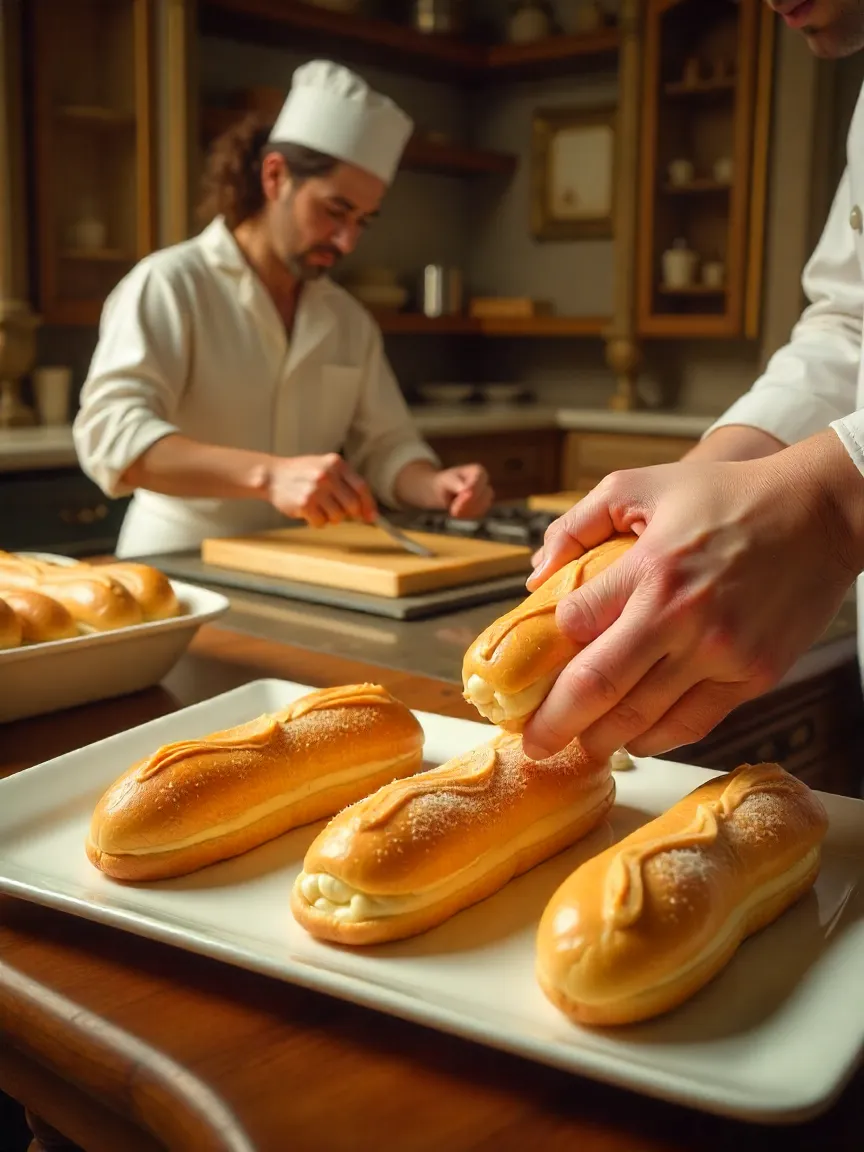 Historic French pastry chefs making éclairs with pâte à choux dough, showcasing their evolution.