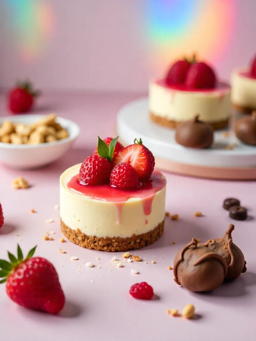 Assortment of colorful low-calorie desserts with berries, nuts, and mint on a bright table.