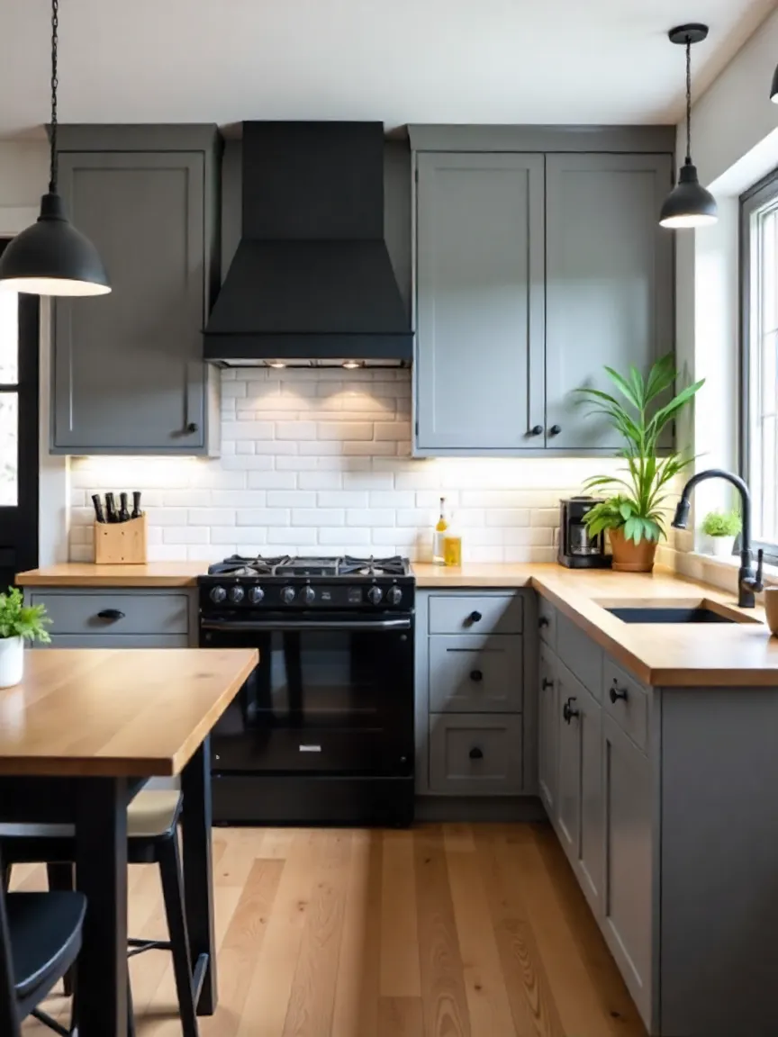 Budget kitchen with peel-and-stick backsplash, butcher block countertops, updated lighting, and modern hardware showcasing low-cost remodeling tips.