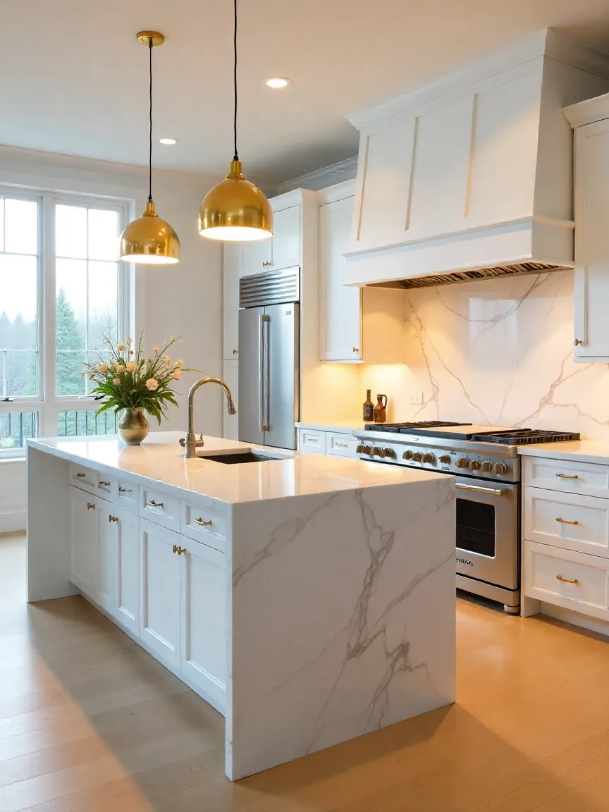 Modern luxury kitchen with a quartz island, marble backsplash, white cabinetry, and elegant pendant lighting for a high-end look.