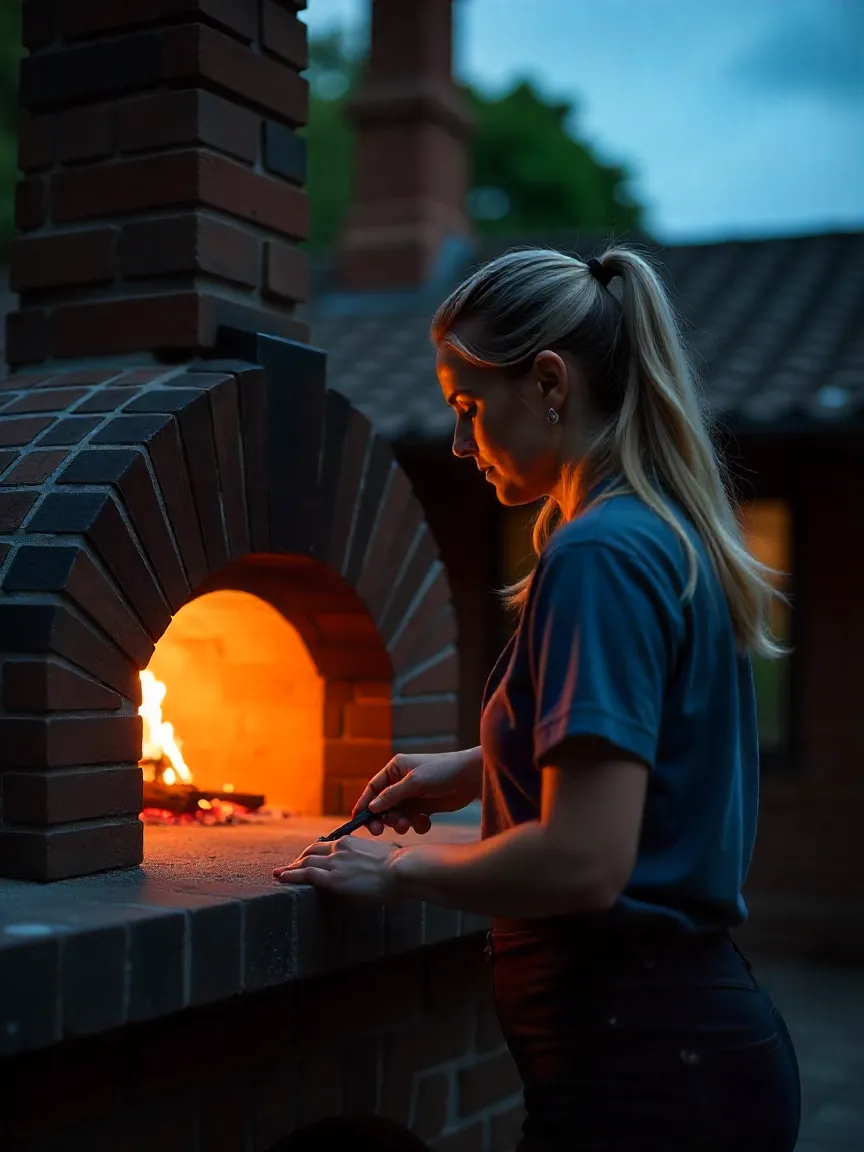 Cleaning a wood-fired pizza oven by removing ash to maintain airflow and efficiency.