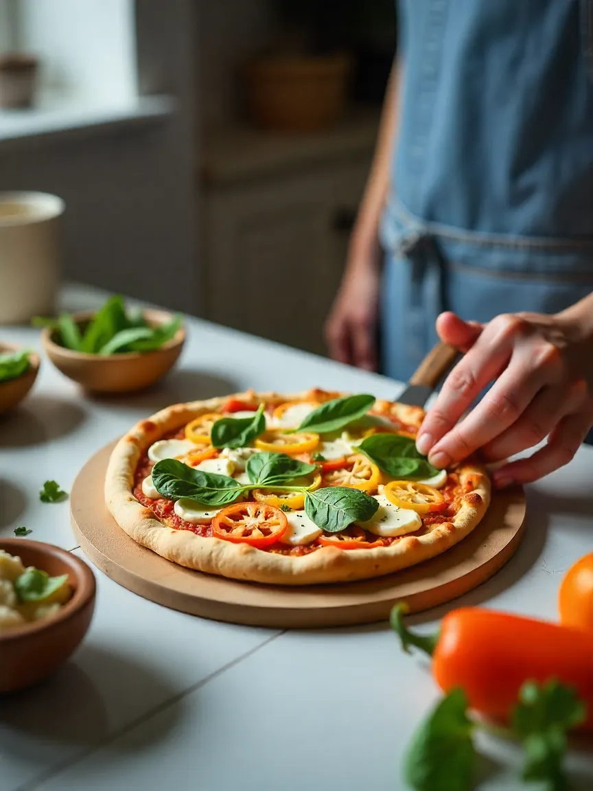 Person assembling healthy pizza with fresh toppings on whole grain crust in a home kitchen.
