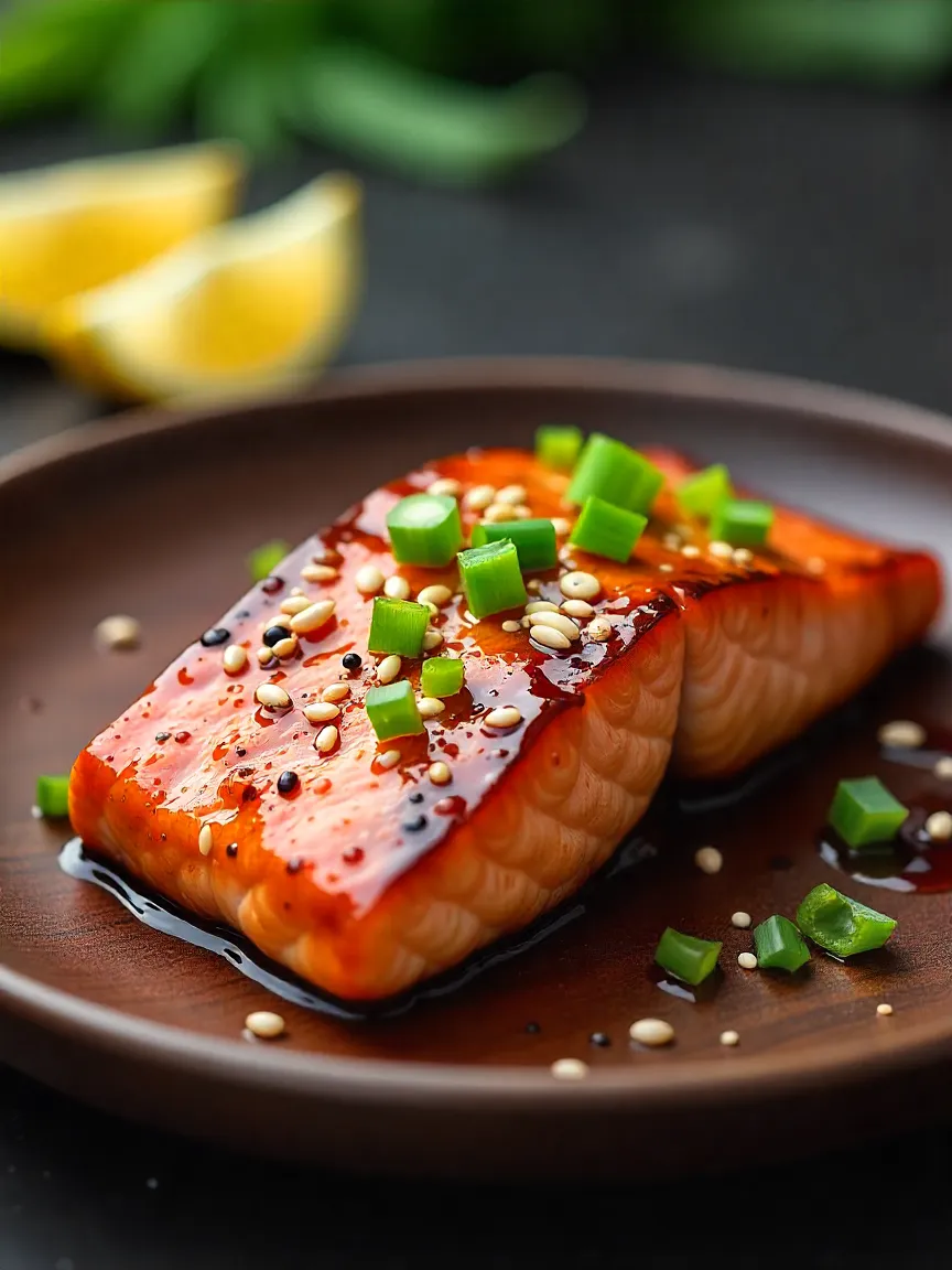 Grilled maple soy glazed salmon with a caramelized exterior, garnished with sesame seeds and green onions, served on a rustic wooden plate with extra glaze and lemon wedges.