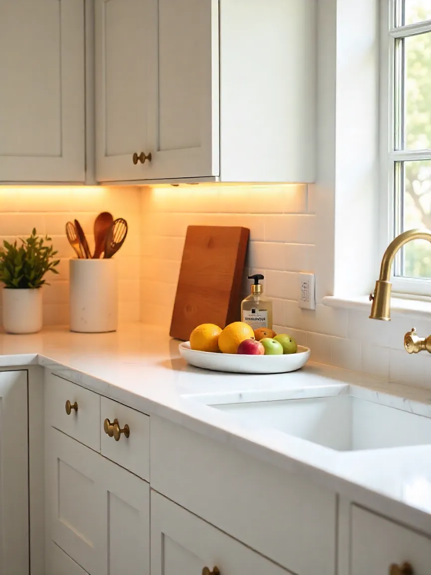 Marble kitchen countertop decorated with a cutting board, utensil holder, marble tray with fruit, and a soap dispenser for a stylish and functional look.