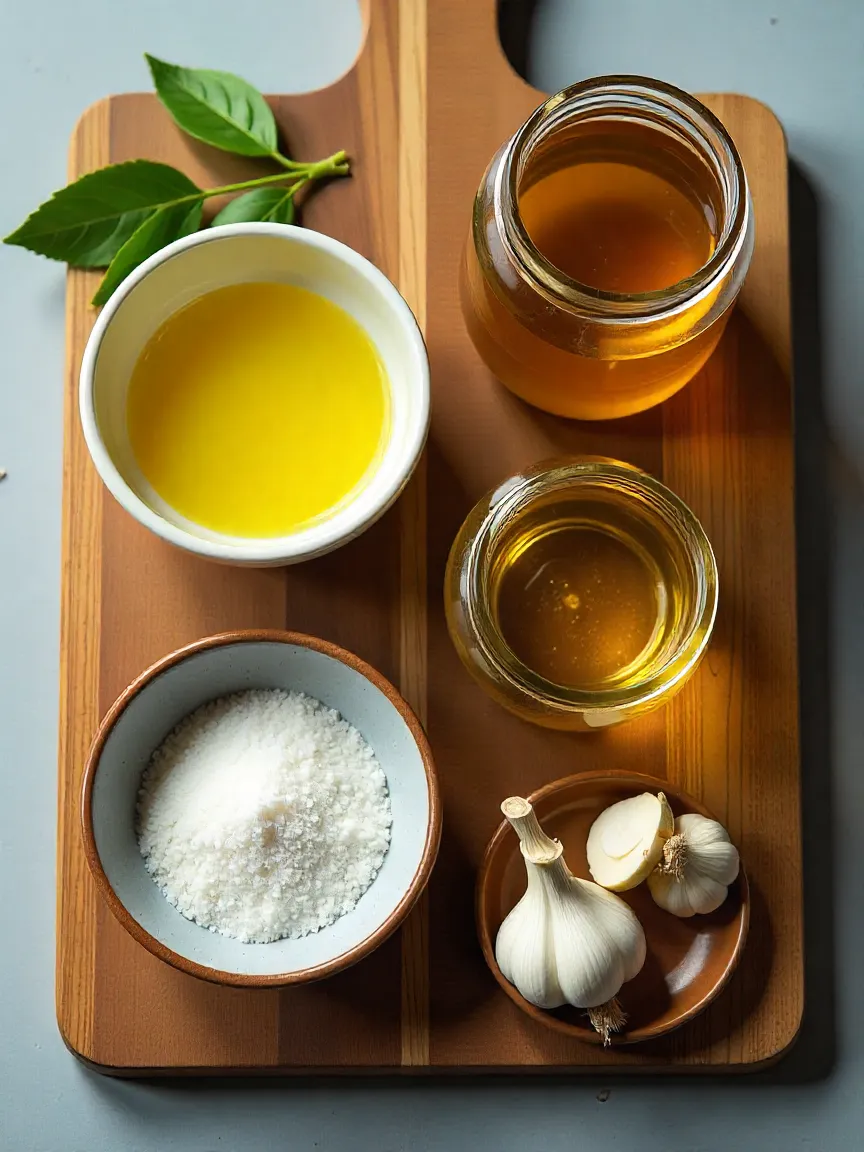 Flat lay of key marinade ingredients: lemon juice, olive oil, salt, garlic, herbs, and honey on a wooden surface.