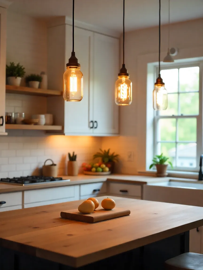 Rustic-modern kitchen with mason jar pendant lights hanging over a wooden island, adding warmth and character to the space.