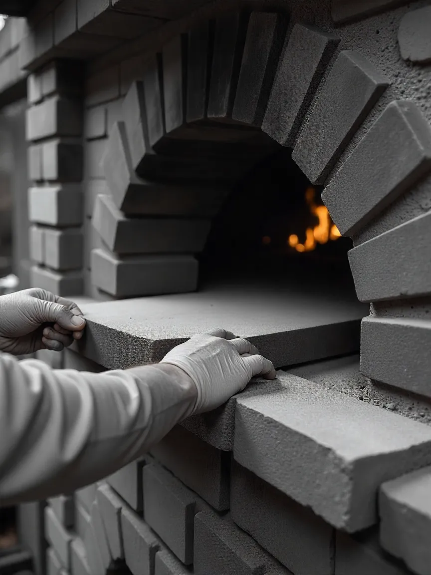 Firebrick and stone being used to build a durable wood-fired pizza oven, highlighting insulation and solid construction.