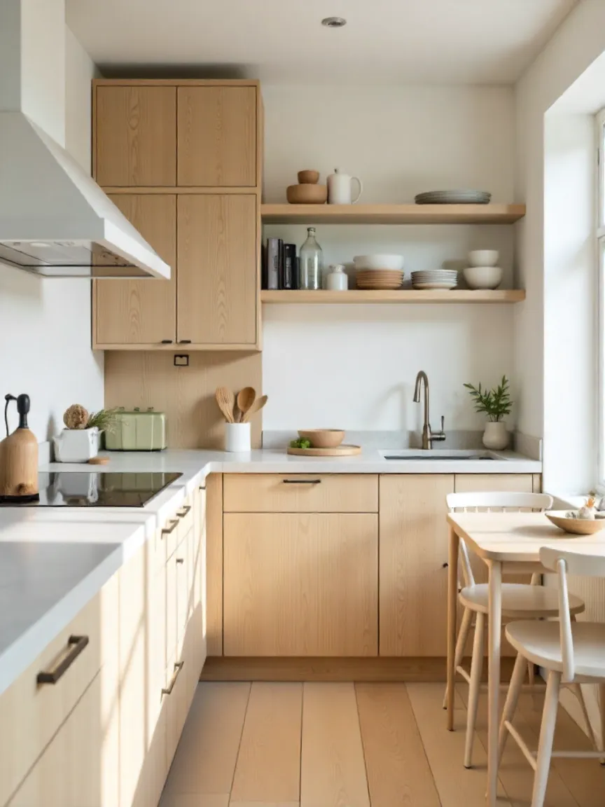 Scandinavian kitchen with light wood cabinets, stone counters, matte white finishes, and warm natural textures in a bright, airy space.
