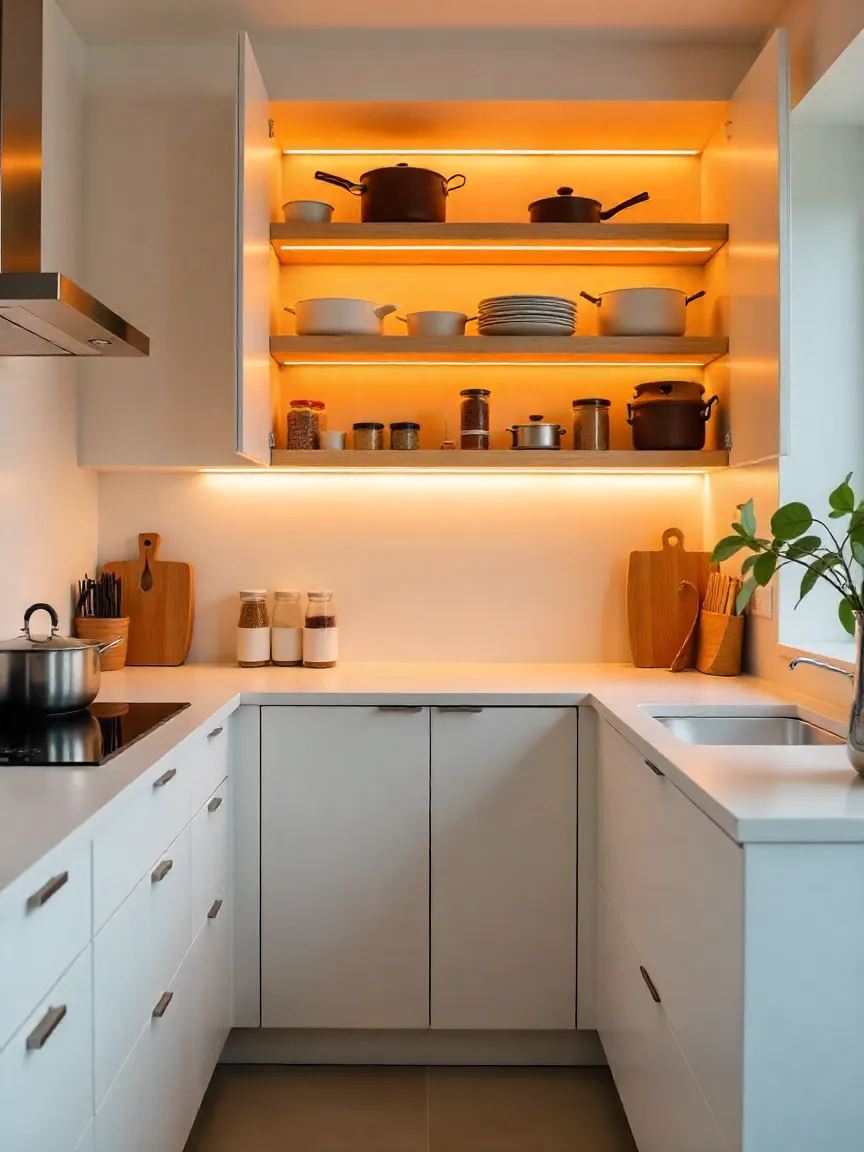 Modern small kitchen featuring organized cabinets with pull-out shelves, tiered racks, and a lazy Susan for optimal storage