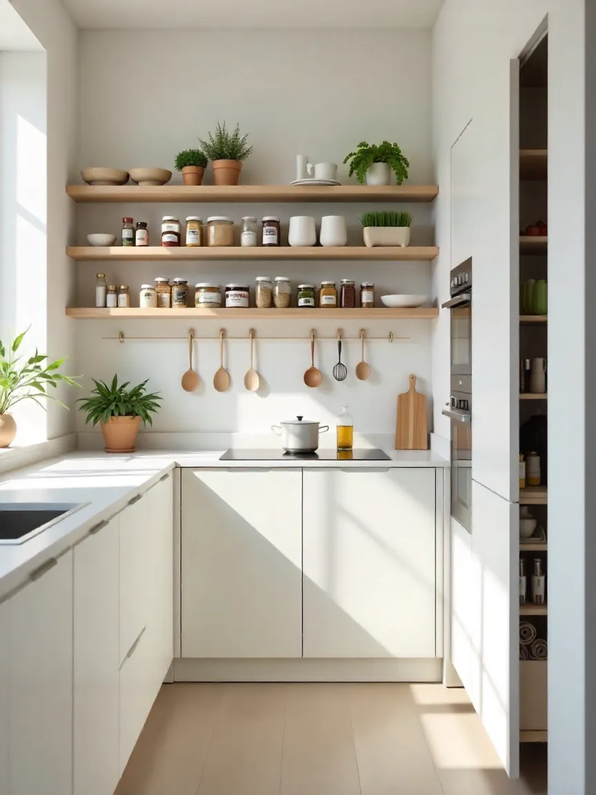 Small kitchen featuring floor-to-ceiling cabinets, open shelves, and vertical storage solutions to maximize space efficiently.