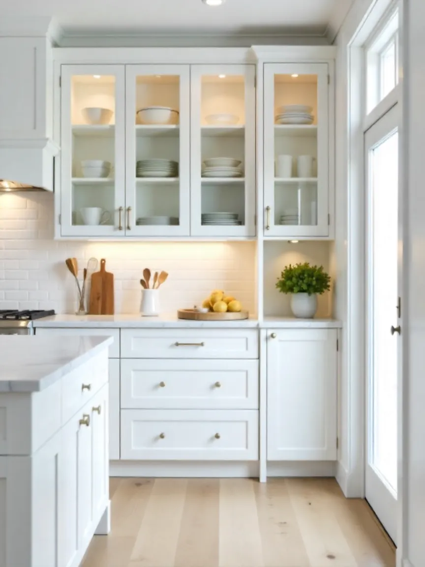 White kitchen with organized cabinetry featuring pull-out shelves, vertical dividers, tall pantry, and glass-front upper cabinets.