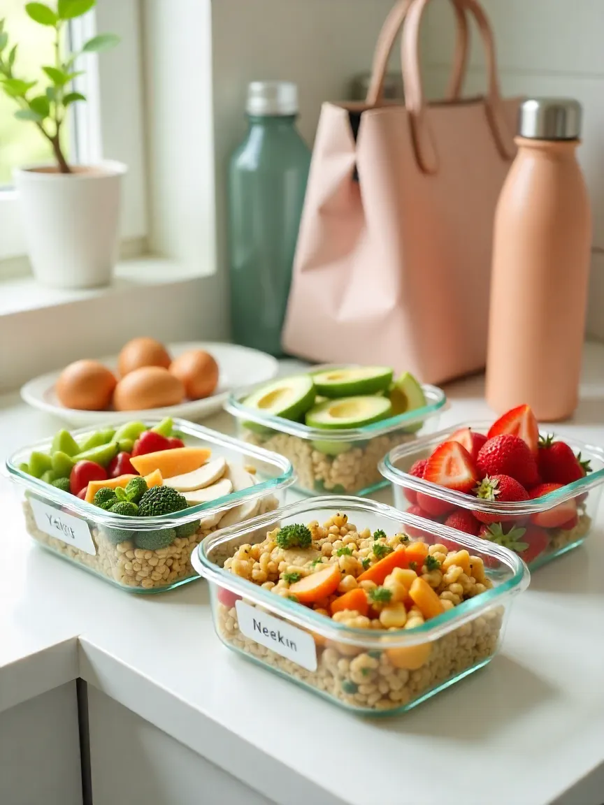 Meal prep tips for work lunches shown with labeled containers of quinoa bowls, wraps, and fruit on a kitchen counter.