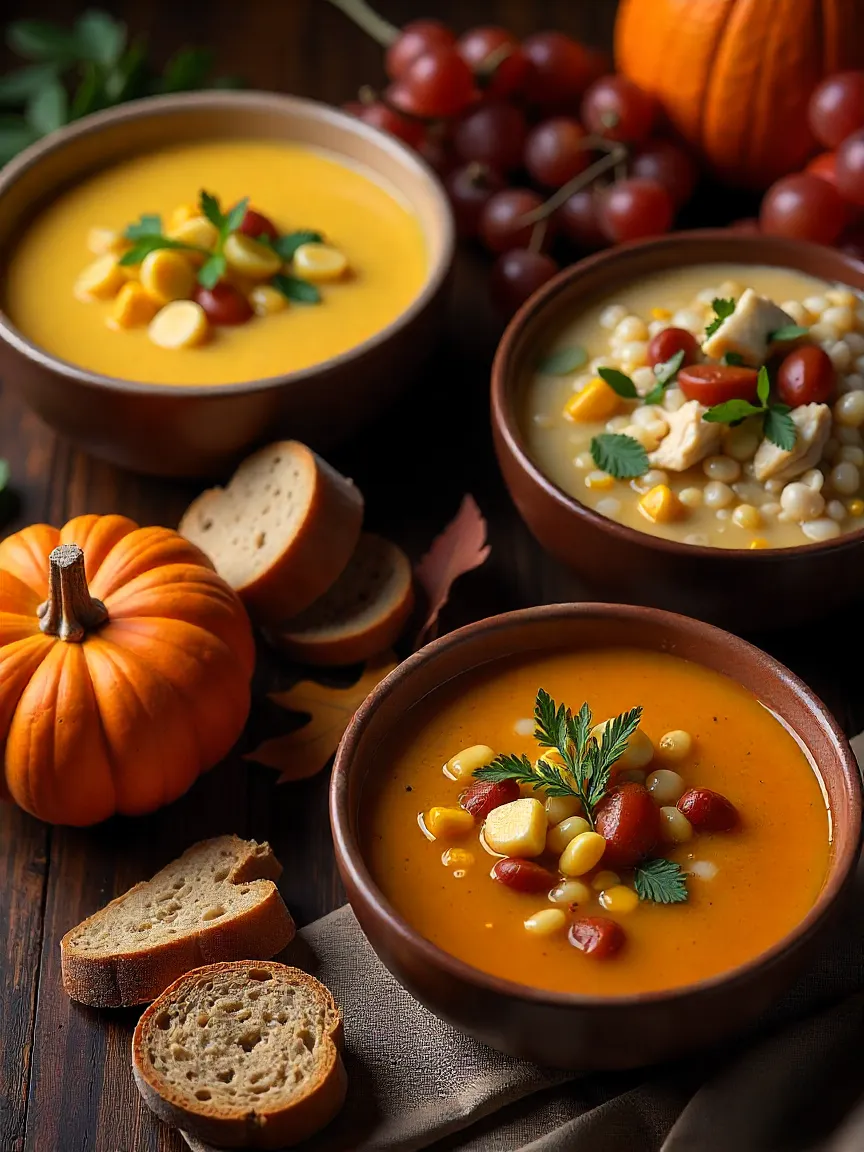Assorted fall soups including chicken corn chowder, turkey wild rice soup, and sausage white bean soup served in rustic bowls with autumn decor.