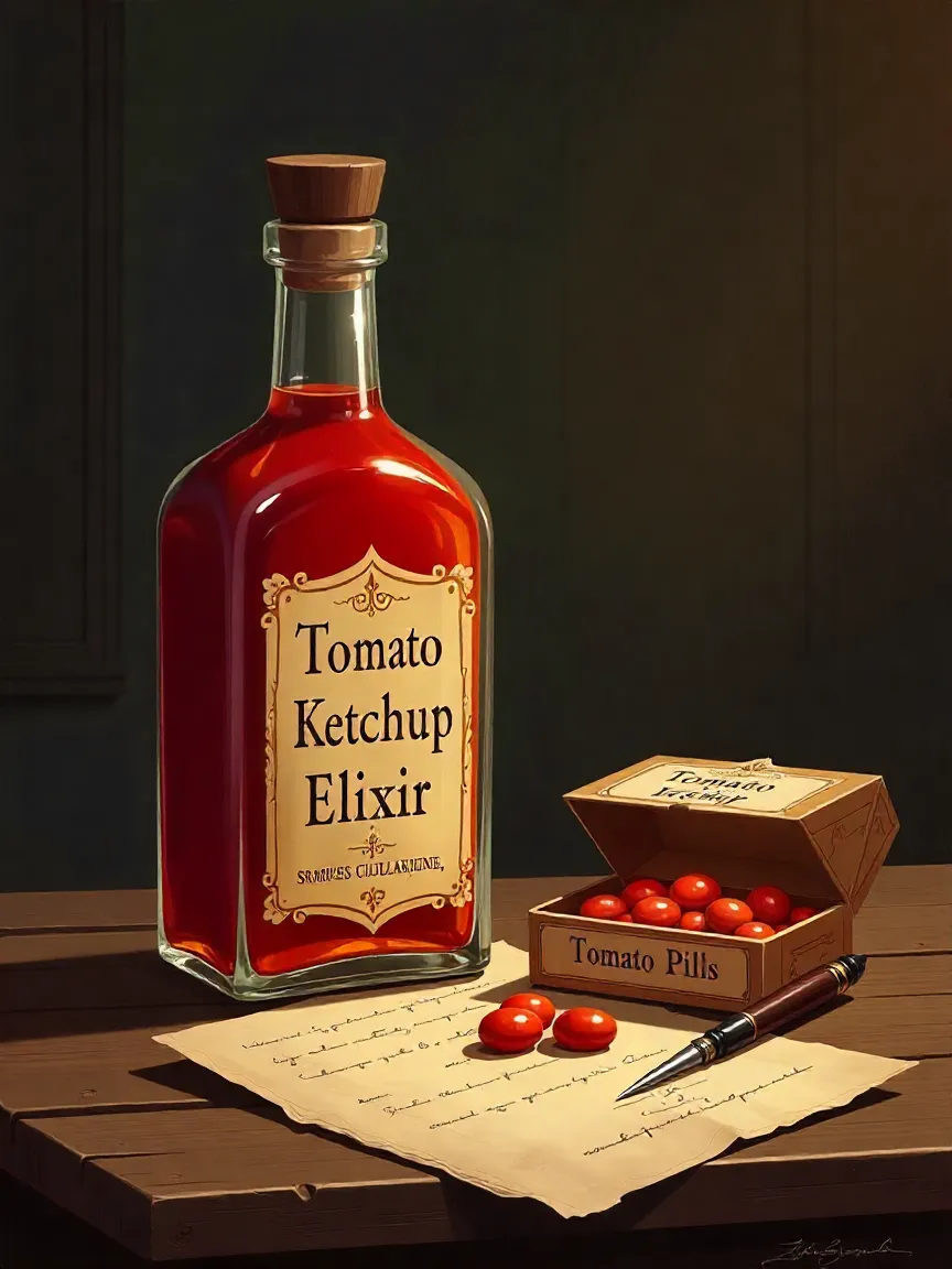1830s medicinal ketchup bottle and tomato pills marketed as a health remedy.