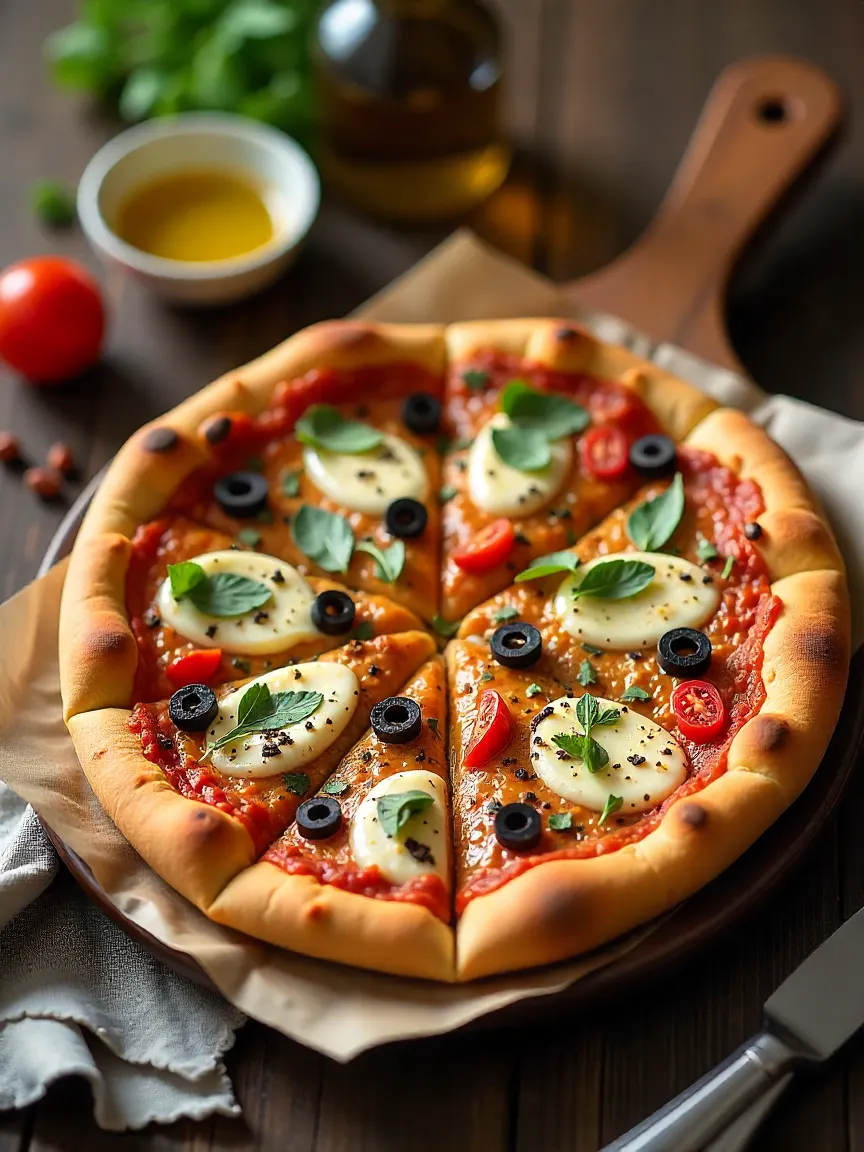 Mediterranean pizza with artichokes, olives, sun-dried tomatoes, and herbs on a thin whole grain crust.