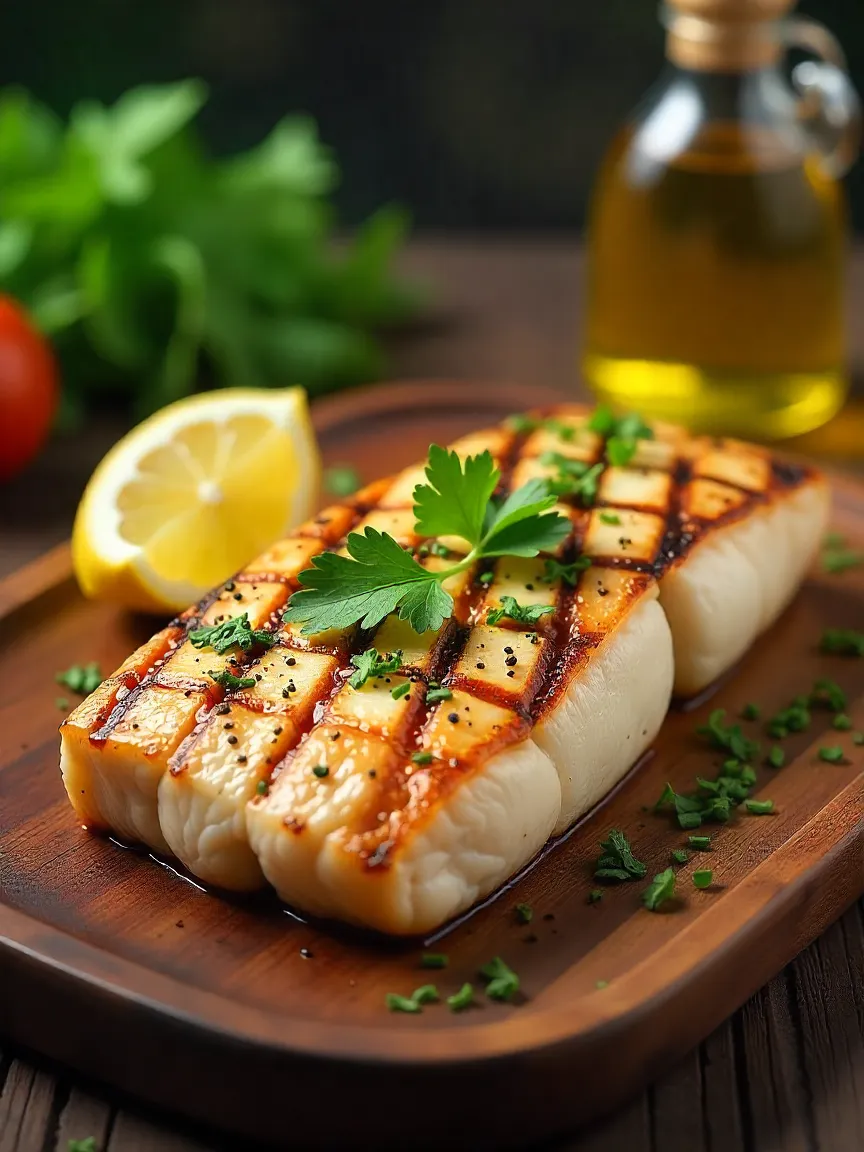Grilled Mediterranean herb mahi mahi fillet with fresh parsley, oregano, and a lemon wedge, served on a rustic wooden platter with a sunny outdoor grilling scene.