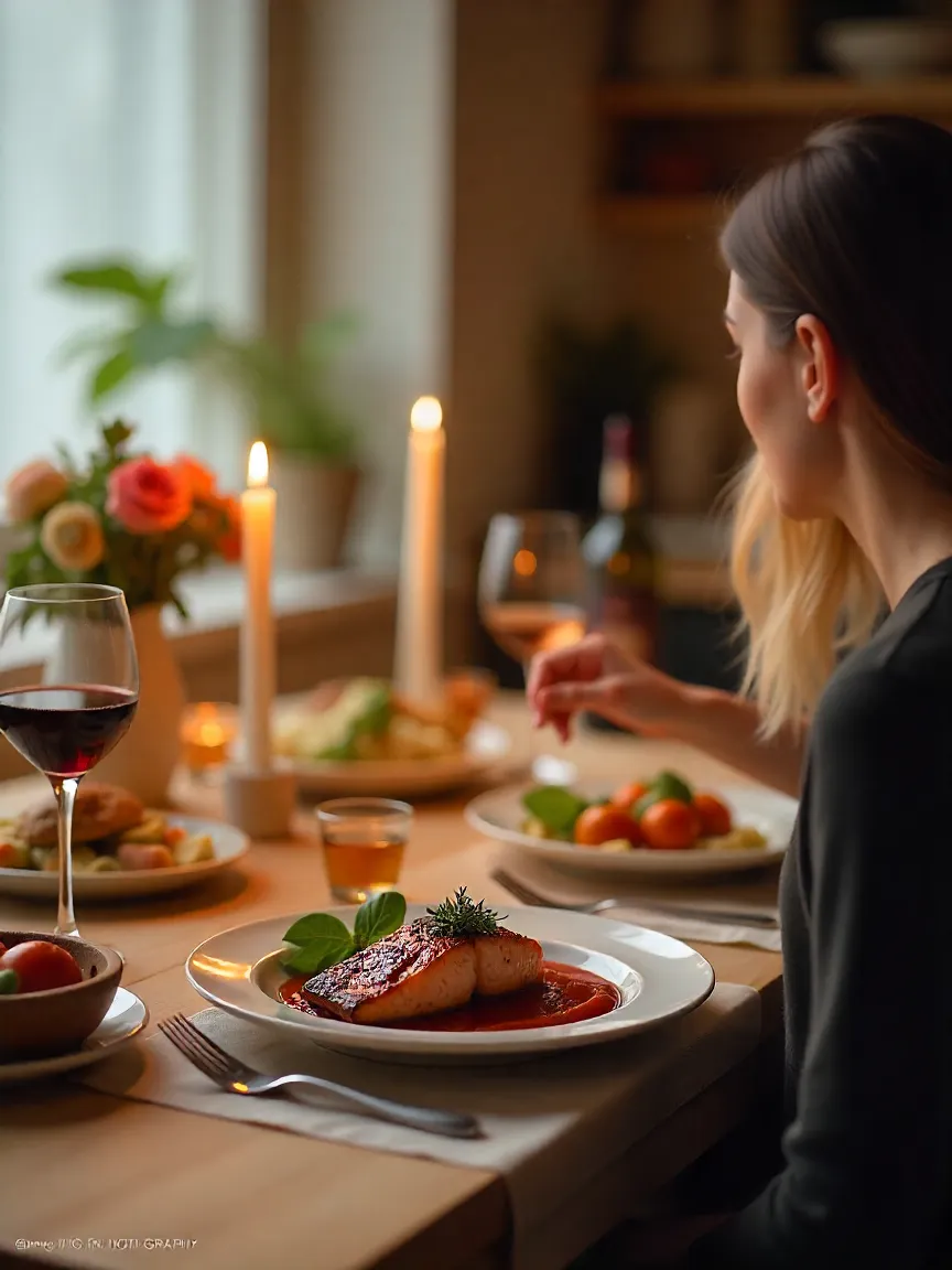 Romantic home dinner for two with salmon, steak, and vegetarian bake, candlelight, and cozy atmosphere.