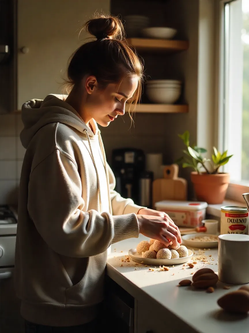 Person in cozy clothes making homemade coconut-almond truffles with coconut, condensed milk, and almonds on the counter.