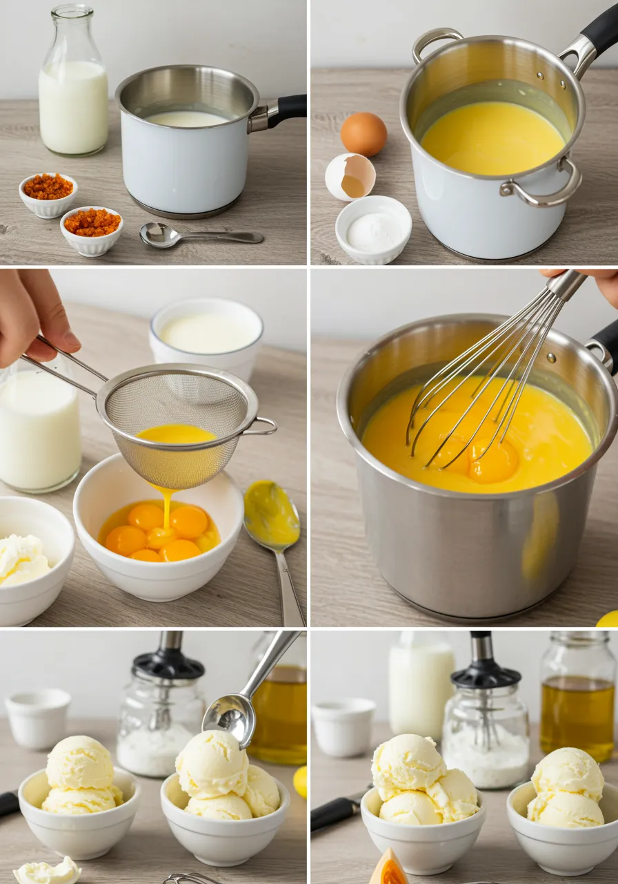 Step-by-step process of making homemade ice cream with ingredients and tools.