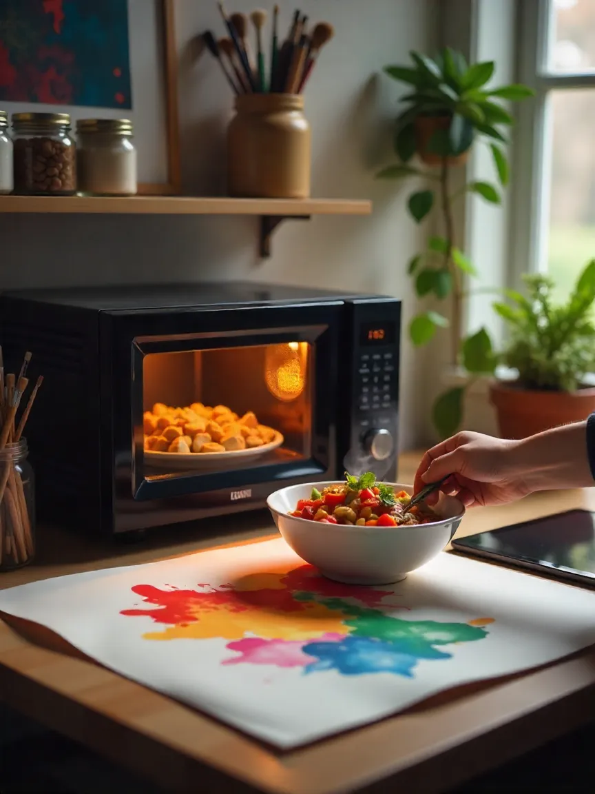 Artist’s studio with a microwave, art supplies, and a freshly cooked meal symbolizing quick meal prep for creatives.
