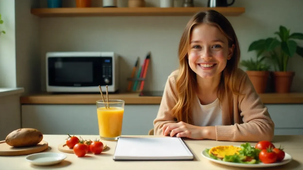 Microwave meal prep for artists with healthy dishes, sketchbook, and art supplies on a bright kitchen table.