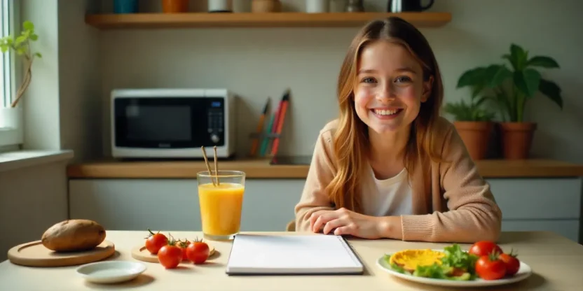 Microwave meal prep for artists with healthy dishes, sketchbook, and art supplies on a bright kitchen table.