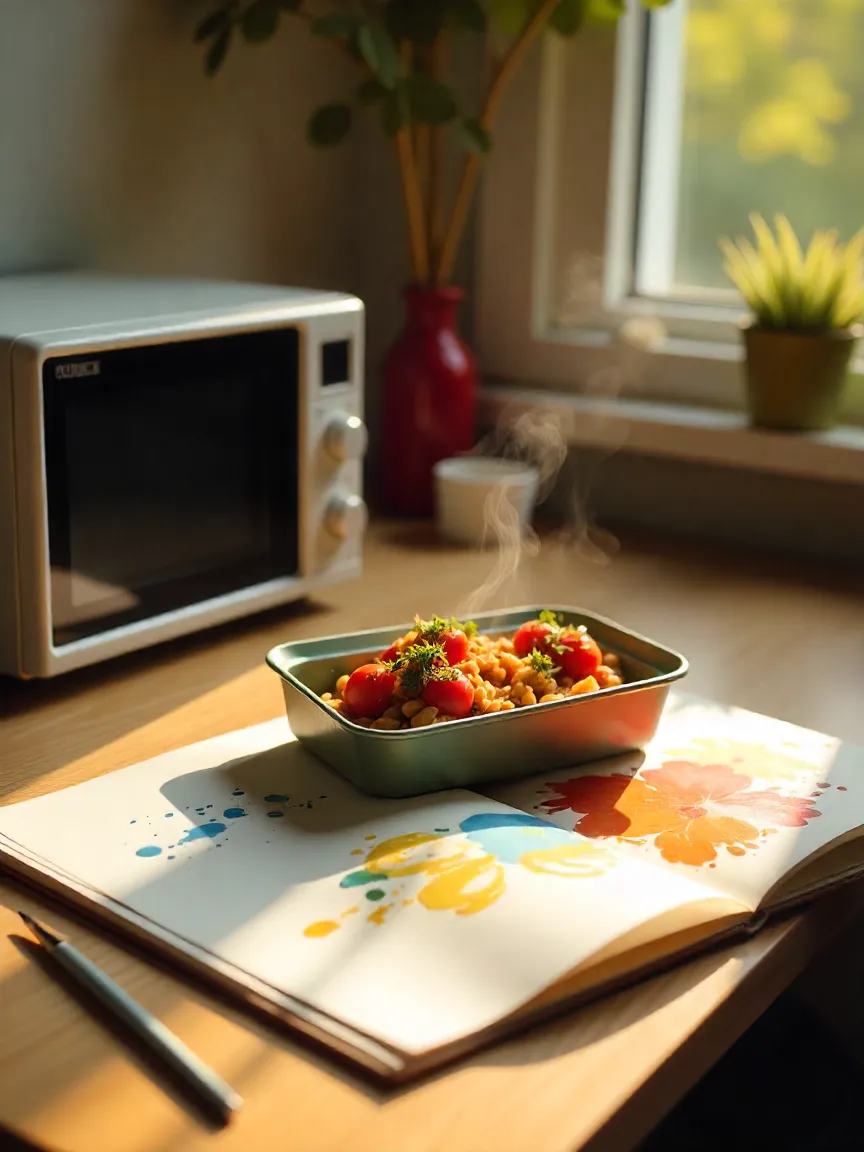 Artist’s creative workspace with a microwave meal beside sketchbook and paints, symbolizing how smart meal prep fuels creativity.