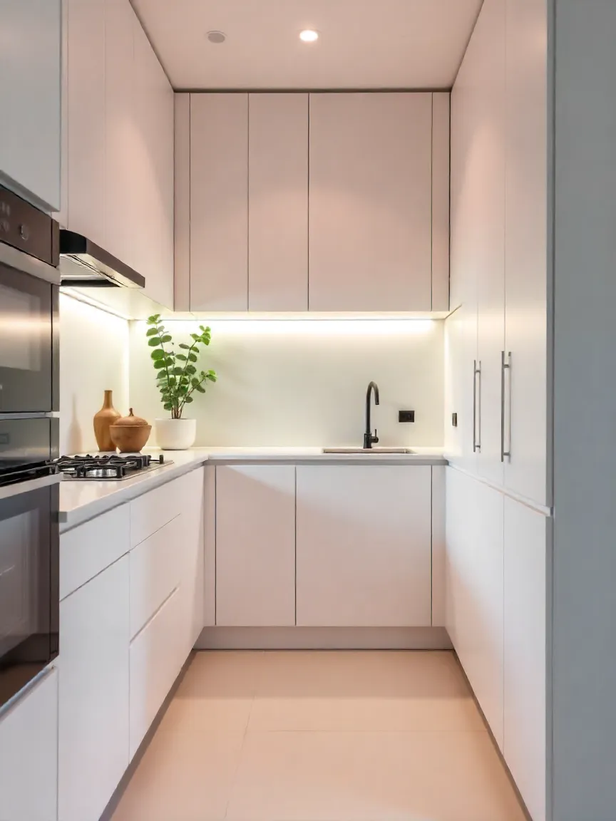 Minimalist small kitchen with sleek white cabinetry, integrated appliances, and clutter-free countertops.