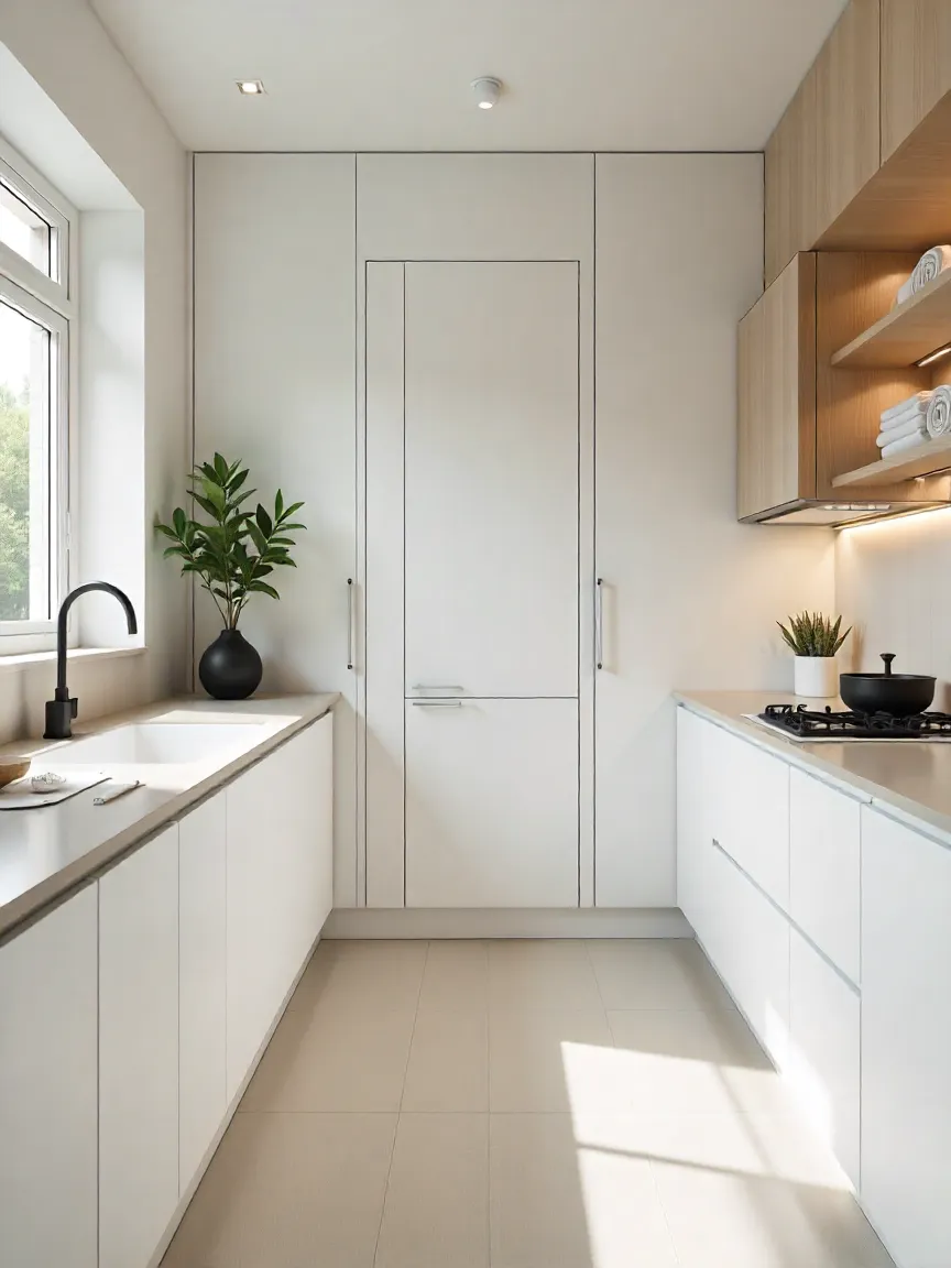Minimalistic kitchen and bathroom with hidden storage solutions, including concealed cabinets and floating vanities, creating a clean, organized, and clutter-free space.