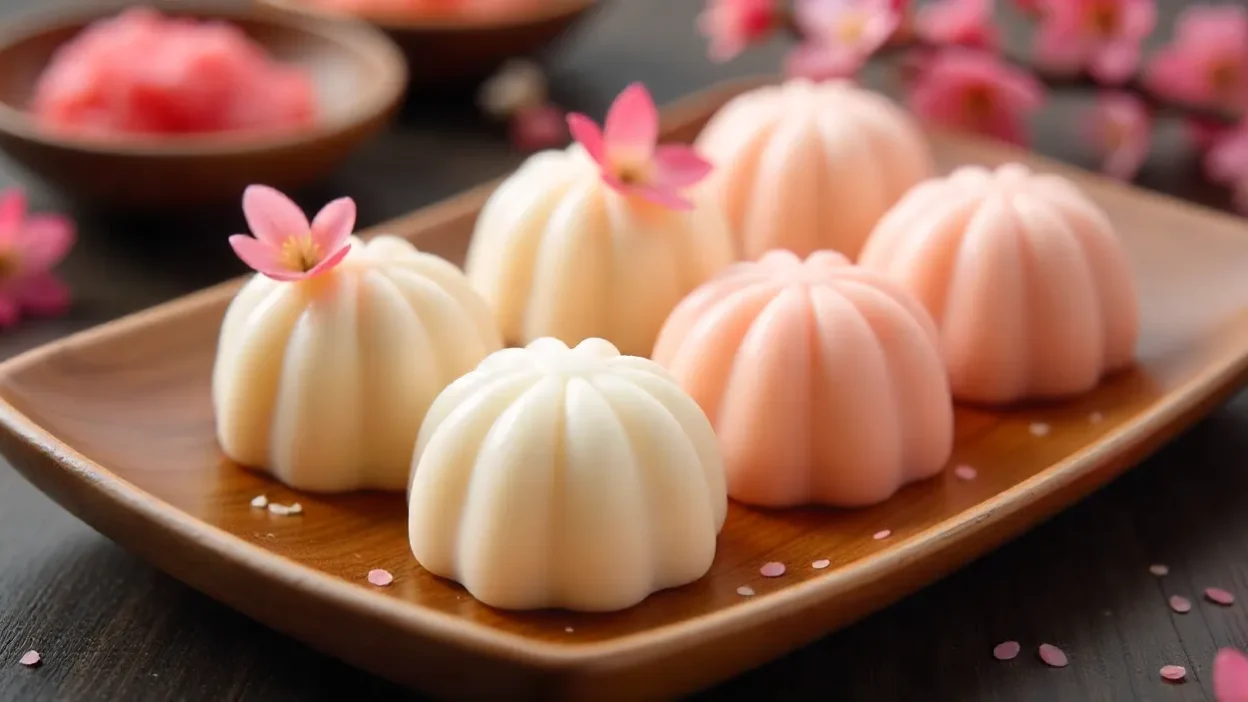 Bright Japanese mochi on a wooden tray with cherry blossom flowers
