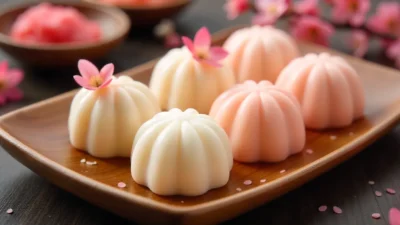 Bright Japanese mochi on a wooden tray with cherry blossom flowers