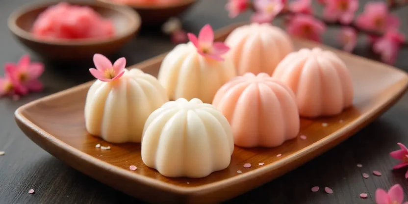 Bright Japanese mochi on a wooden tray with cherry blossom flowers
